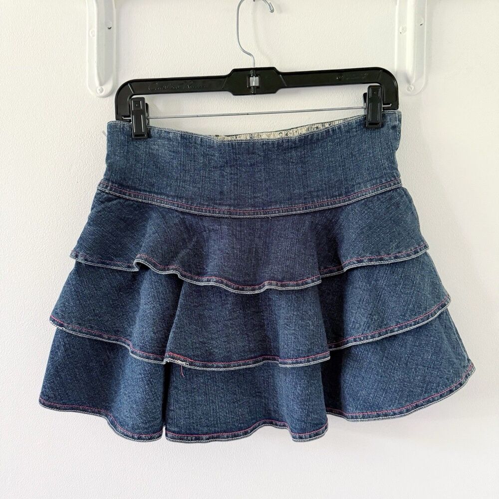 Vintage Y2K Ruffled Tiered Denim Mini Skirt Heatherette 7 Cotton Stretch 2000s - Picture 6 of 12